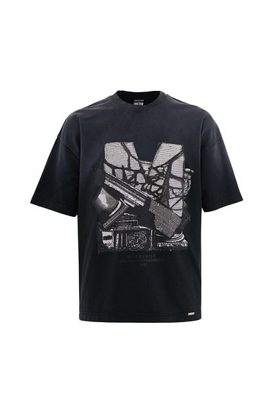 Machinist Men's Cracked Printed Washable Oversize Black T-Shirt