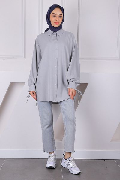 İmajButik Gray Linen Tunic with Sleeve Ties