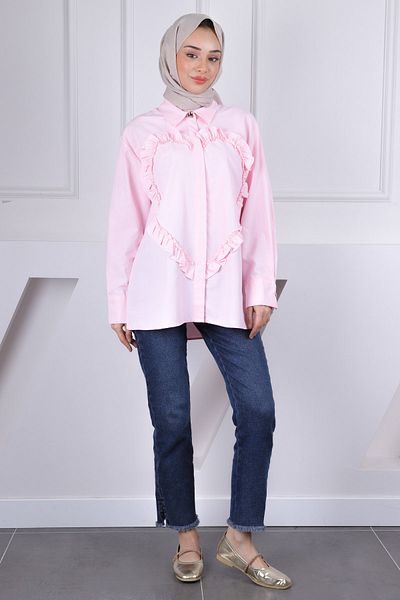 İmajButik Ροζ μπροστινό πουκάμισο με βολάν καρδιά