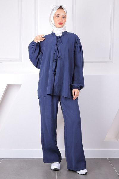 İmajButik بدلة كيمونو برباط أمامي باللون الأزرق الداكن مع بنطلون