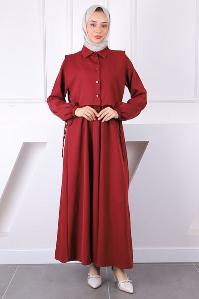 İmajButik Σετ Συνδυασμός Φόρεμα Πουκάμισο Βουργουνδίας
