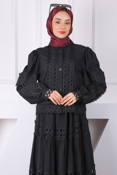 İmajButik Black Laced Blouse Skirt Suit