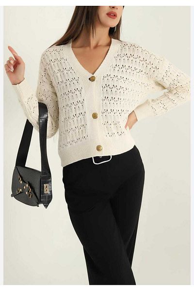 Fua Shop Women's V-Neck Hollow Pattern Gold Button Cardigan