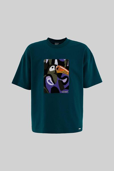 Machinist Men's Parrot Embroidered Oversize Oil Green T-Shirt