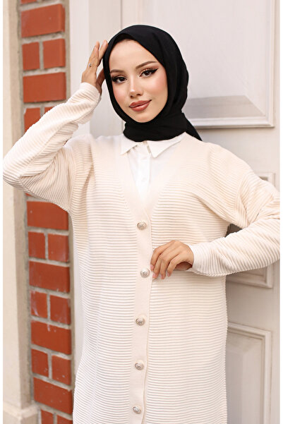 sefamerve Düğme Detaylı Fitilli Hırka 3091-03 Taş