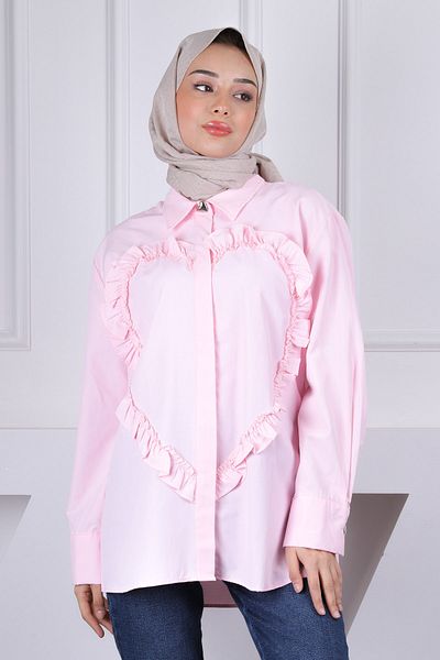 İmajButik Ροζ μπροστινό πουκάμισο με βολάν καρδιά