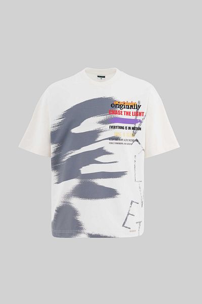 Machinist Men's Multi Colored and Slogan Printed Oversize Ecru T-Shirt