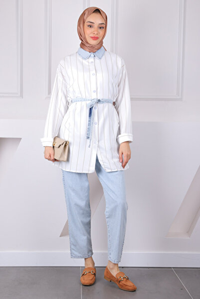 İmajButik Costum cu tunică cu brâu albastru cu talie și pantaloni