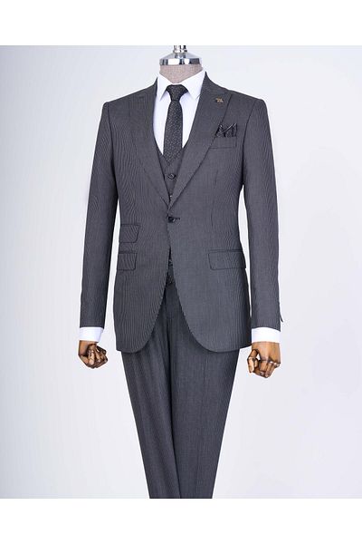 TerziAdemAltun Jachetă în dungi în stil italian, vestă, pantaloni, costum negru T10727