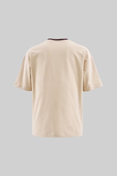 Machinist Men's Colored and Technical Embroidered Oversize Soft Beige T-Shirt