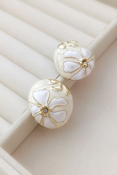 COSİTA Gold White Flower Motif Luxury Mine Filling Colorful Design Earrings