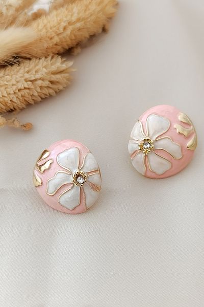 COSİTA Gold Pink Flower Motif Luxury Mine Filling Colorful Design Earrings