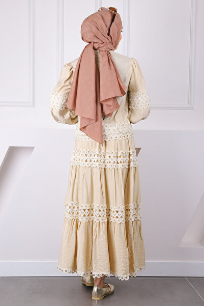 İmajButik Beige Guipure Blouse Skirt Suit