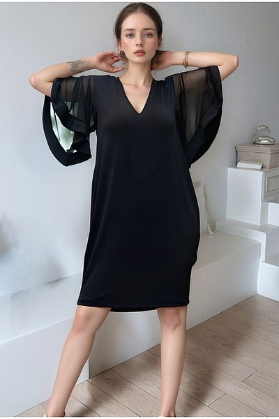 Trendusfashion Rochie de damă neagră din tul cu mâneci scurte, cu decolteu în V