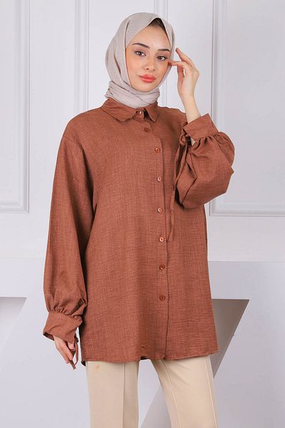İmajButik Καφέ λινό χιτώνα με μανίκια