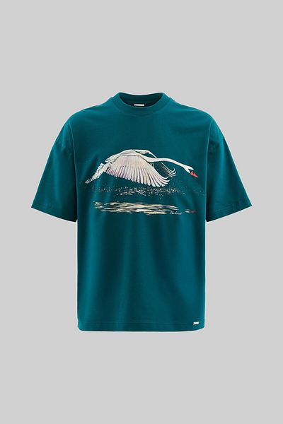 Machinist Men's Swan Printed Oversize Oil Green T-Shirt