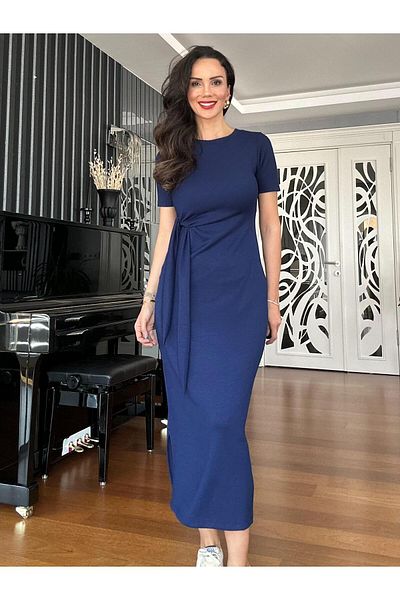 Atelier Derin Rochie modal cu cravată laterală albastră Saks