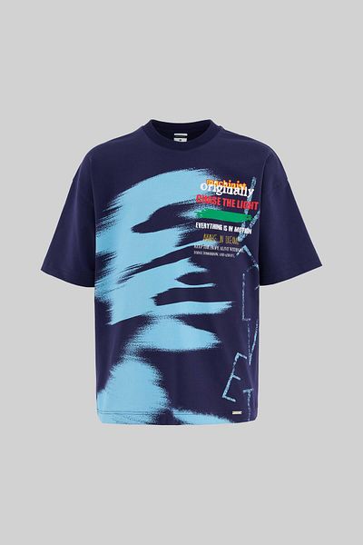 Machinist Men's Multi Colored and Slogan Printed Oversize Navy Blue T-Shirt