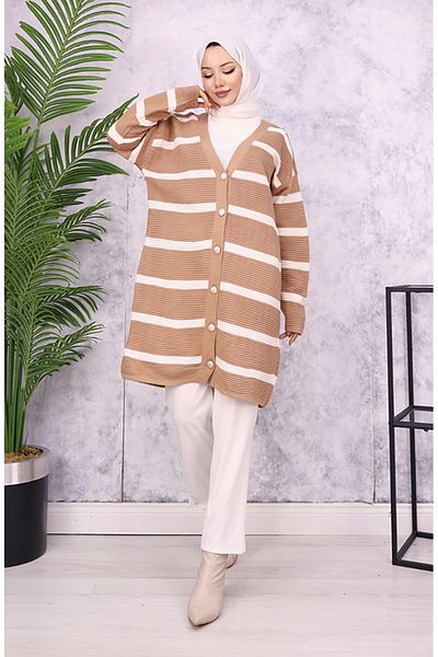 sefamerve 3090-01 Mink Corded Striped Knitwear Cardigan