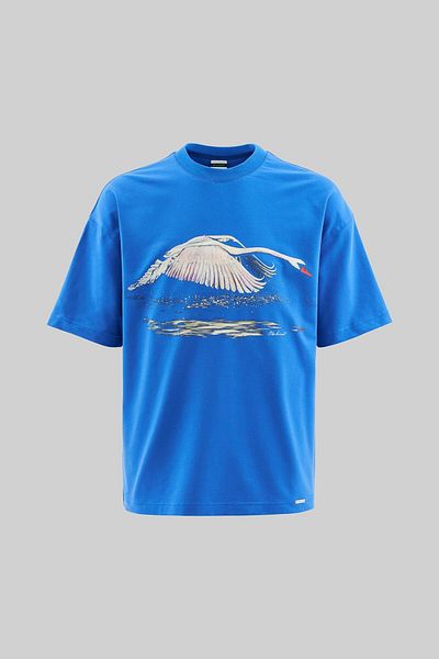 Machinist Tricou oversize albastru moale cu imprimeu Swan pentru bărbați