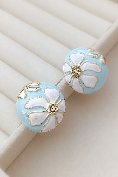 COSİTA Gold Blue Flower Motif Luxury Mine Filling Colorful Design Earrings