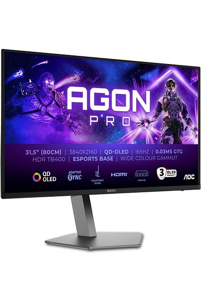 Aoc شاشة ألعاب Agon مقاس 31.5 بوصة، بدقة UHD، 165 هرتز، 0.03 مللي ثانية - أسود/رمادي