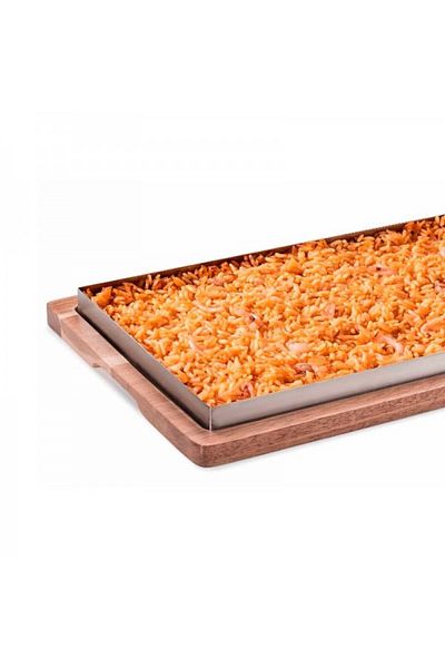 Pujadas Stainless steel tray with wooden support with handle for specialties, 34.5x19 cm
