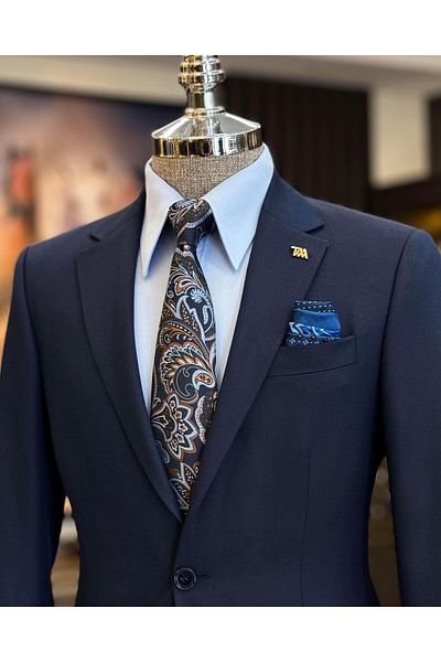 TerziAdemAltun Sötétkék Slim Fit olasz stílusú férfi dzseki és nadrág szett - T12707