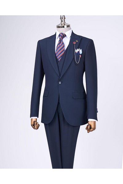 TerziAdemAltun Italian Style Slim Fit Men's Jacket Vest Pants Suit Navy Blue T12994