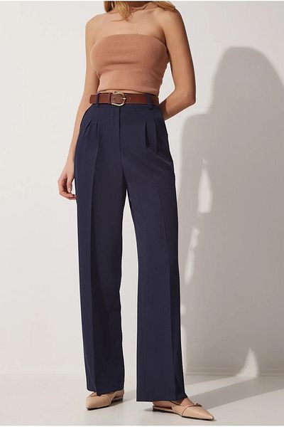 Stil Sepeti Women's Navy Blue Double Pleated High Waist Palazzo Pants Tl- 100080074