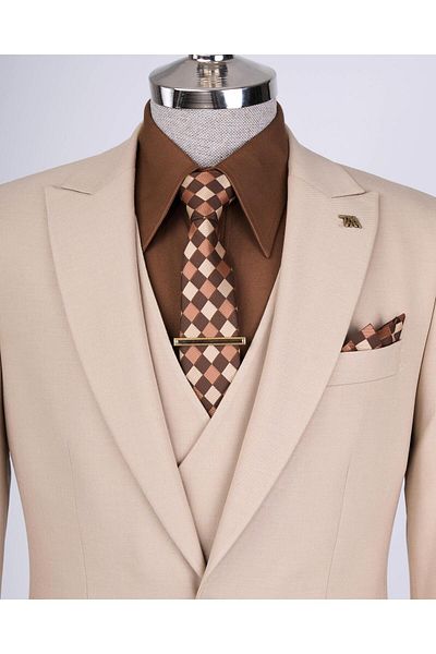 TerziAdemAltun Italian Style Slim Fit Men's Jacket Vest Pants Suit Camel T12995