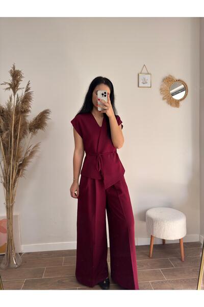 DUSOHOME Classic Fabric Wide Leg Pants Waist Drawstring Vest t Sleeve Set Burgundy Pants Vest Set
