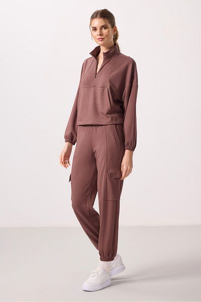 TOMMY LIFE Brown Soft Textured Stand Collar Hidden Zipper Oversize Women's Tracksuit - 95351