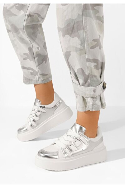 B T Shoes Ασημένια Σνίκερς Πλατφόρμας Κασσάτια