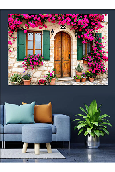 KanvasSepeti Розова цвете каменна къща декоративна маслена живопис текстурира...