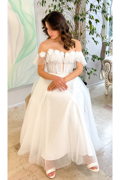MAUNAU Romantik Kol / Drapeli Beden İncili Etek Midi Boy Nikah Elbisesi