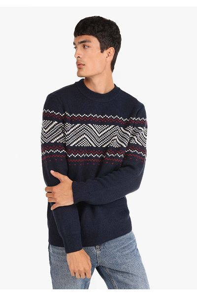 Colin's Regular Fit Round Neck Jacquard Men's Navy Blue Sweater