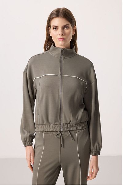 TOMMY LIFE Dark Beige Soft Textured Stand Collar Oversize Elastic Women's Tracksuit - 95349