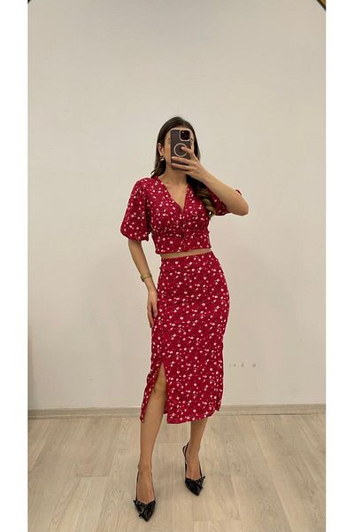 tülaybutik Couverture Variant Full of Reverse Falling Orange and Green Color for Summer Skirt Crop Suit