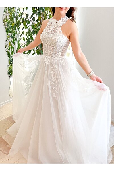 MAUNAU Halter Yaka Yaprak Desenli A Kesim Gelinlik / Nikah Elbisesi