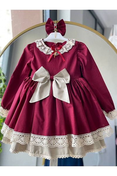 Sare Çocuk Giyim Girl's Burgundy Fabric Birthday Princess Dress, Vintage Antiallergic Stylish Fluffy Evening Dress + Buckle