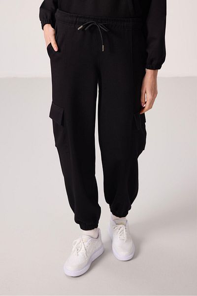 TOMMY LIFE Black Soft Textured Stand Collar Hidden Zipper Oversize Women's Tracksuit - 95351