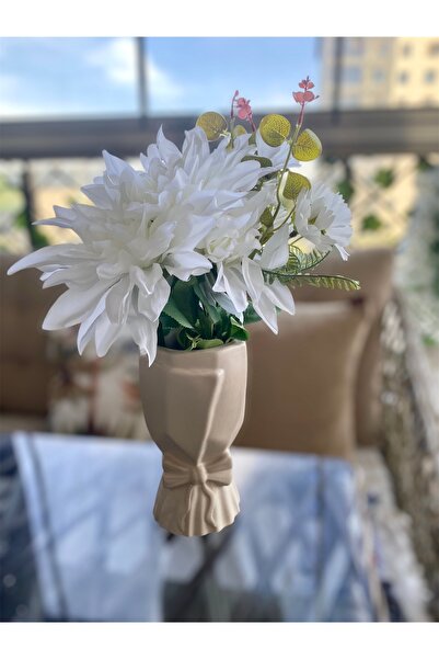 Biepoksi Vazo Krem Kahve Aksesuar Dekorasyon Modern Hediyelik Notlu Buket