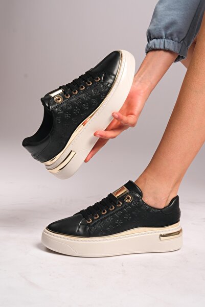 romex Altın Detaylı siyah Kadın Sneaker - Kalın Tabanlı ve Modern Tasarım Tre...