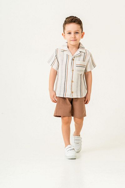 Magu Boys Muslin Two-Piece Suit Striped Short Sleeve Shirt & Shorts, Summer and Breathable