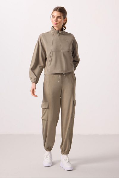 TOMMY LIFE Dark Beige Soft Pile Stand Collar Hidden Zipper Oversize Women's Tracksuit Suit
