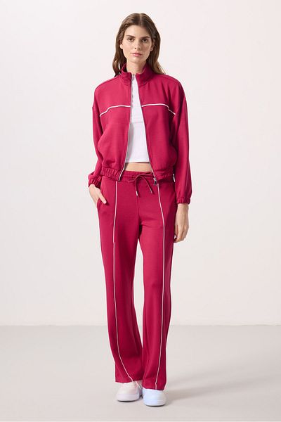 TOMMY LIFE Viva Red Soft Textured Stand Collar Oversize Elastic Women's Tracksuit - 95349