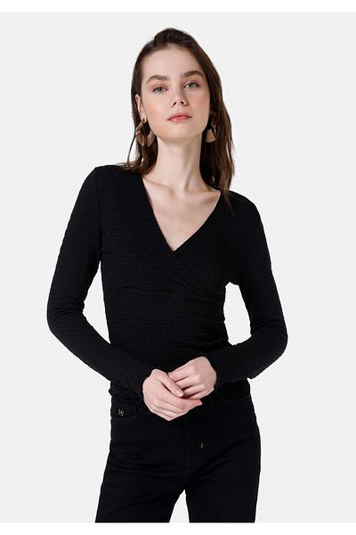Colin's Tricou negru cu mânecă lungă pentru femei, slim fit, cu decolteu în V