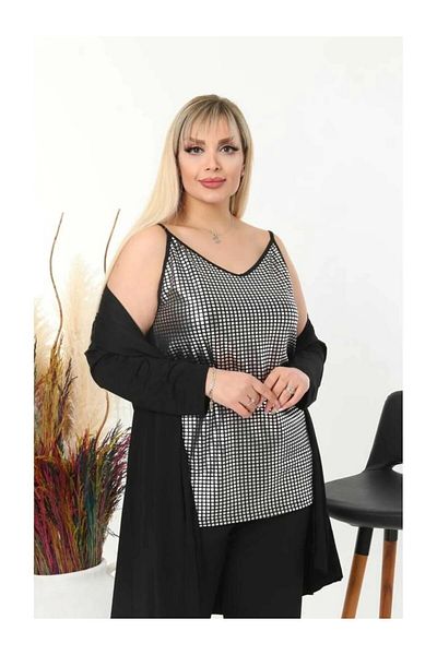 MODA Women's Plus Size Front Foil Print Back Black Strap Viscos Bluz
