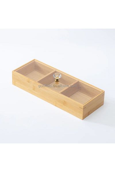 Qerhome Bamboo 3 Compartment Snack Bowl - Breakfast Acrylic Lid